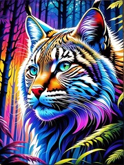 Generative ai. a painting of a tiger in the woods with a bright light