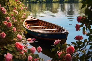 Obraz premium boat on the lake or river with pink flowers in spring. peaceful serene scene landscape.