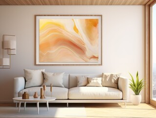 abstract painting in a light modern living room with beige sofa. Wall mock-up
