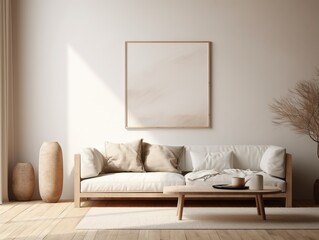 A modern living room with a bright sofa and a painting. Wall mock-up