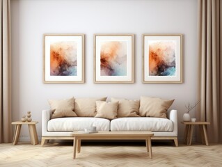 Three abstract paintings in a modern living room.  Wall mock-up