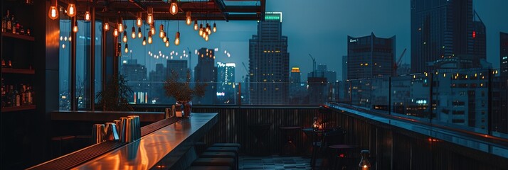 Rooftop bar overlooking the city - comfortable lounge on top of the roof of a building - obrazy, fototapety, plakaty