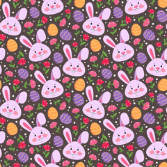 Easter seamless pattern with pink cartoon bunnies, colourful Easter eggs and flowers, Easter design for wrapping paper, banners, gifts, postcards.