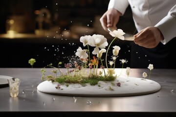 chef doing last touches for food of degustation or tasting menu at fancy Michelin star restaurant. whimsical fantastic dish meal  of  molecular gastronomy cuisine closeup on black plate. 