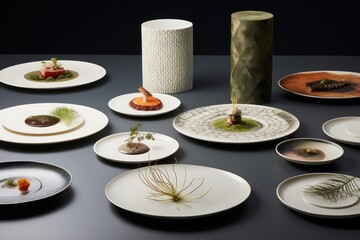 degustation or tasting menu at fancy Michelin star restaurant. several course meal at molecular gastronomy cuisine. 