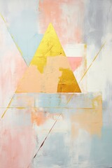 pastel color minimal geometrical triangle shapes abstract painting with golden paint brush strokes. interior decoration art.