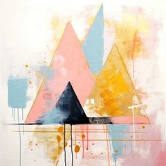pastel color minimal geometrical triangle shapes abstract painting with golden paint brush strokes. interior decoration art.