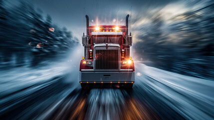 A red truck in a snow flurry epitomizes Transportation logistics, highlighting the critical role of durable transport in supply chain continuity amidst challenging conditions - obrazy, fototapety, plakaty