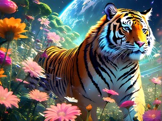 Generative ai. a tiger standing in a field of flowers, cosmic tiger, majestic beautiful world, ((tiger)), sacred tiger, amazing wallpaper, highly detailed hd, tigers, detailed beautiful animals, tiger