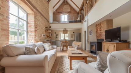 Indulge in the simplicity of country living in this charming barn conversion featuring a warm and inviting interior. - obrazy, fototapety, plakaty