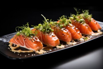 salmon tataki dish at fusion restaurant. Raw fish meal decorated with greens and served.
