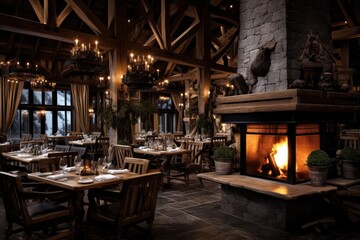 Fototapeta premium restaurant chalet wooden interior design at mountain ski resort