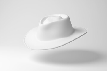 White cattleman hat floating in mid air on white background in monochrome and minimalism. Illustration of the concept of men fashion and western cowboy