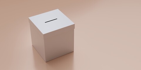 White election ballot box with a slot isolated on pink background. Space, close up above. 3d render
