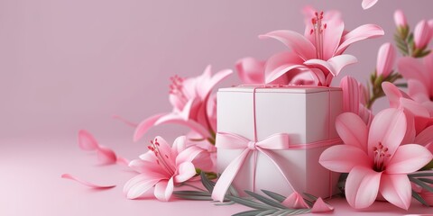 Gift box with ribbon and flowers. Minimalistic banner with free space. Generative AI