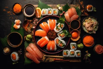 Fotobehang set of sushi at fusion asian restaurant for romantic dinner served on wooden board with soy sauce © Dina