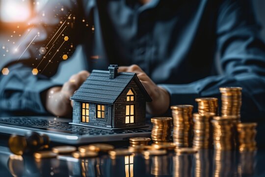 Visualize an image depicting the real estate investment concept, featuring a man interacting with a virtual house icon to analyze mortgage loans, home insurance, and real property mortgages