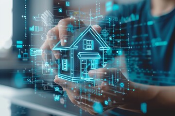 Visualize an image depicting the real estate investment concept, featuring a man interacting with a virtual house icon to analyze mortgage loans, home insurance, and real property mortgages - obrazy, fototapety, plakaty
