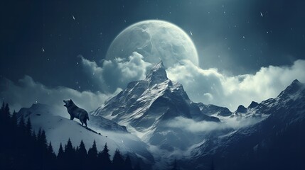 Fototapeta na wymiar Nature's Symphony: Eerie Mountain Resembles Wolf Howling at the Full Moon