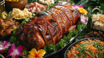 Traditional meets tropical in this Hawaiian Luau Pig Roast featuring a plump pig cooked to perfection in an underground pit. The rich meltinyourmouth pork is accompanied by - obrazy, fototapety, plakaty