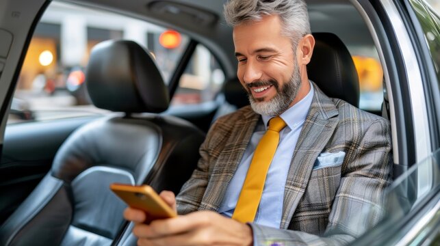 Attractive businessman texting in luxury car, using smartphone in back seat of business vehicle
