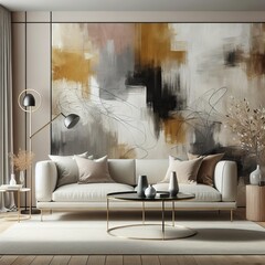 Modern Minimalist Living Room with Abstract Wall Art, Elegant Furniture, and Decorative Accents