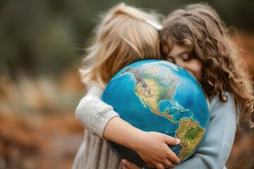Two young girls embrace each other tightly while holding a globe in their hands.