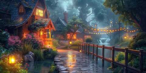 Idyllic and colorful home with stream running past it. Colorful lights hanging throughout the yard at night