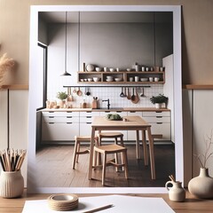 Fototapeta na wymiar Modern Minimal Kitchen Interior with Wooden Dining Table Set, Open Shelving, and Neutral Tones