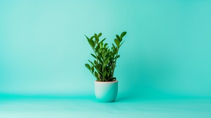 Vibrant ZZ Plant in Teal Pot on Harmonious Solid Background