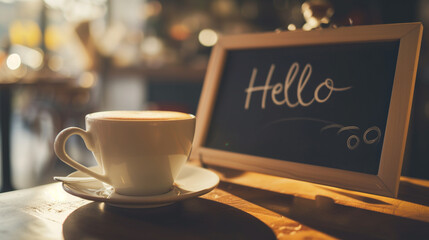 Coffee cup and chalkboard with hello text on table in cafe
