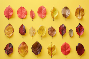 a collection of autumn leaves on a yellow background 