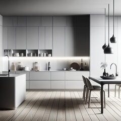 Modern Minimal Kitchen Interior with Sleek Cabinetry, Stylish Lighting, and Contemporary Furniture