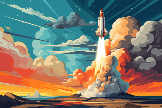 Space rocket flying in the sky. Vector illustration of a space rocket