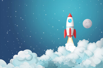 Rocket in the sky. Start up business concept. Vector illustration.