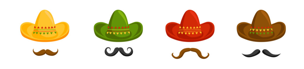 Mexican sombrero hats with mustache set. Mariachi yellow traditional hat with long green brim for latin american parties and spanish mariachi and fun vector fiestas