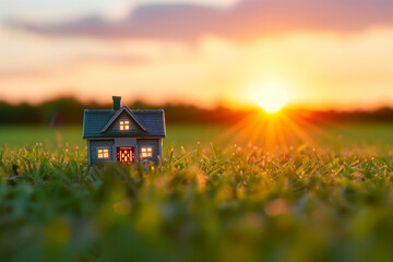 Miniature house on the meadow in the rays of the setting sun
