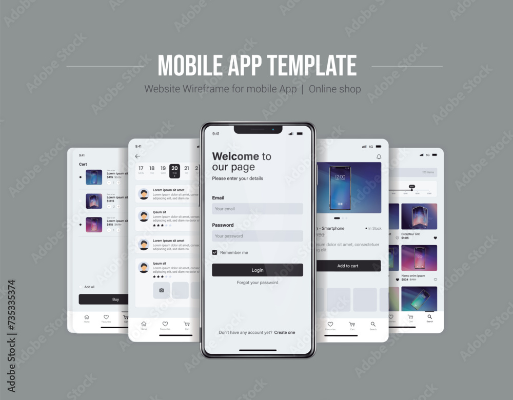 Wall mural smartphone ui app. phone screens for shop application. mobile interface with account login and shopp