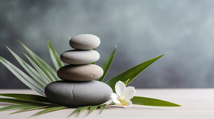Spa stones with orchid flower on grey background. Zen concept