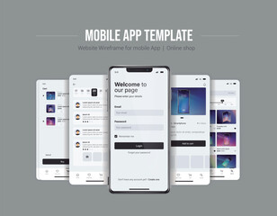 Fototapeta na wymiar Smartphone UI app. Phone screens for shop application. Mobile interface with account login and shopping cart. Screenshots responsive website mockups.
