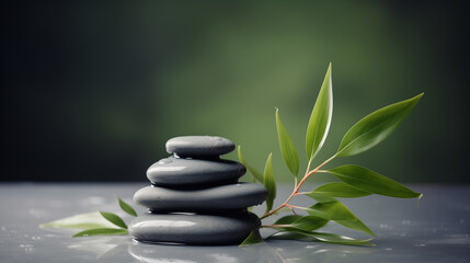 zen basalt stones and green bamboo on grey background, spa concept