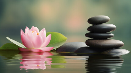 Fototapeta na wymiar Pink lotus flower on zen stones with water reflection, spa concept