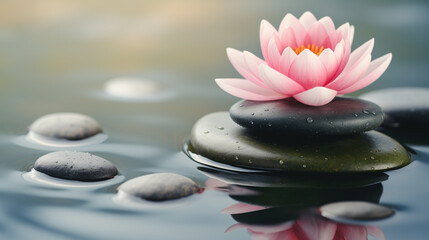 Obraz na płótnie Canvas Pink lotus flower on zen stones with water reflection, spa concept