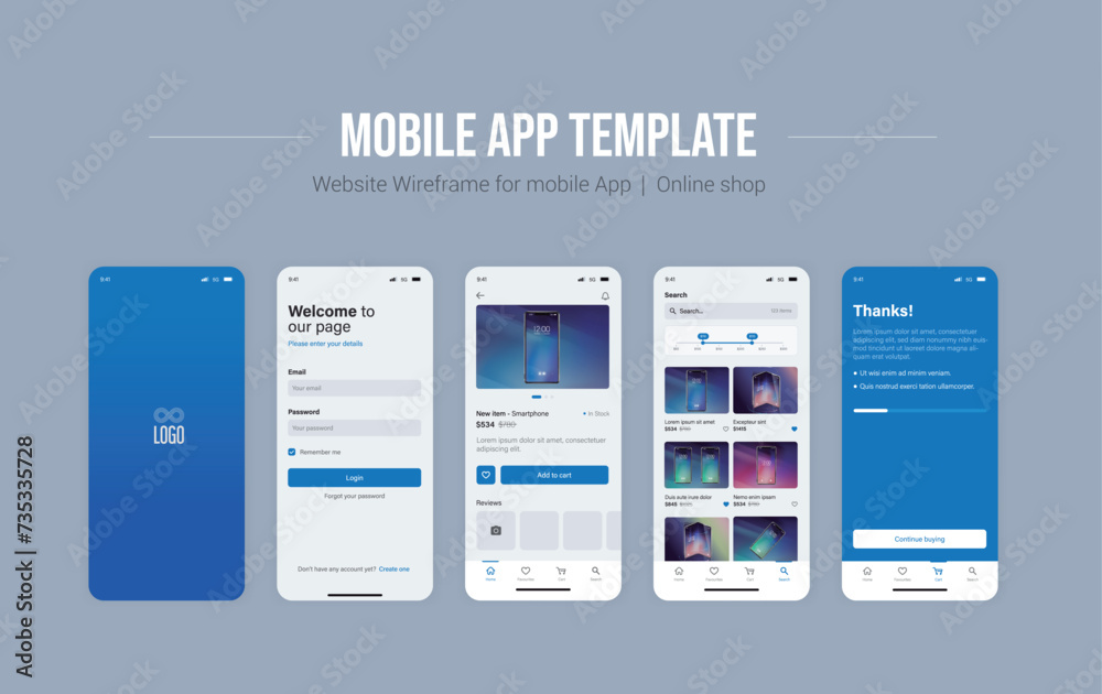 Sticker smartphone ui app. phone screens for shop application. mobile interface with account login and shopp