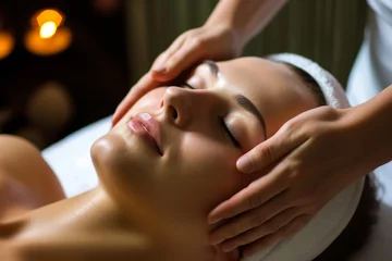Afwasbaar Fotobehang Spa Relaxed young woman getting facial massage in spa salon. Beauty treatment concept