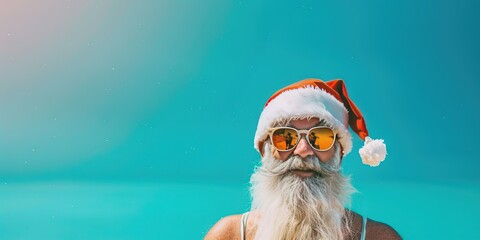 Santa Claus wearing sunglasses, hat, and bandana on bright and vibrant summer background for Christmas in July