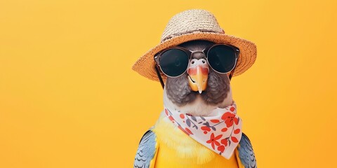 Bird wearing sunglasses, hat, and bandana on bright and vibrant summer background