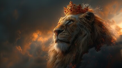 Naklejka premium portrait of a lion with a crown on his head. Generative AI
