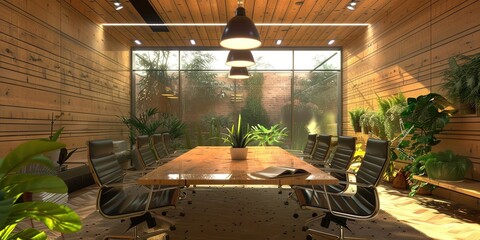 Conference room with a window view of trees outside for business meetings in corporate headquarters