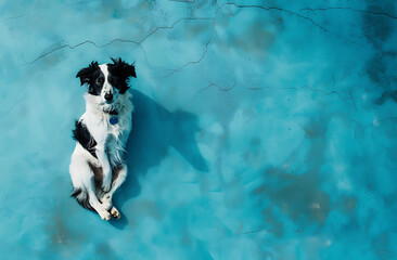 a dog is on a blue background in the style of turquoi